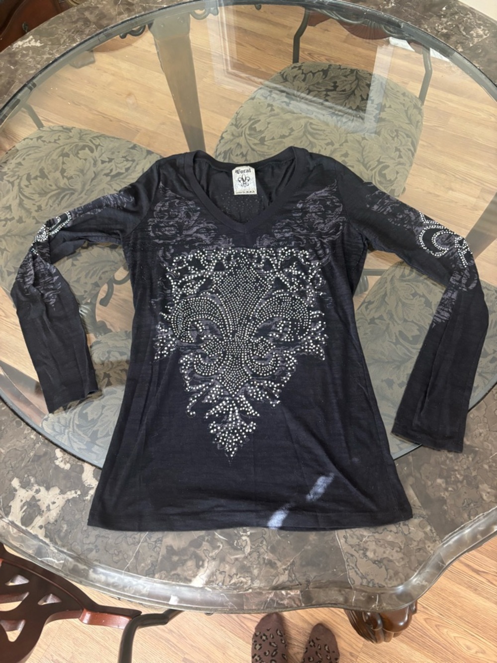 Vocal Black Long-Sleeve V-Neck Top with Fleur-de-lis Rhinestone Detail